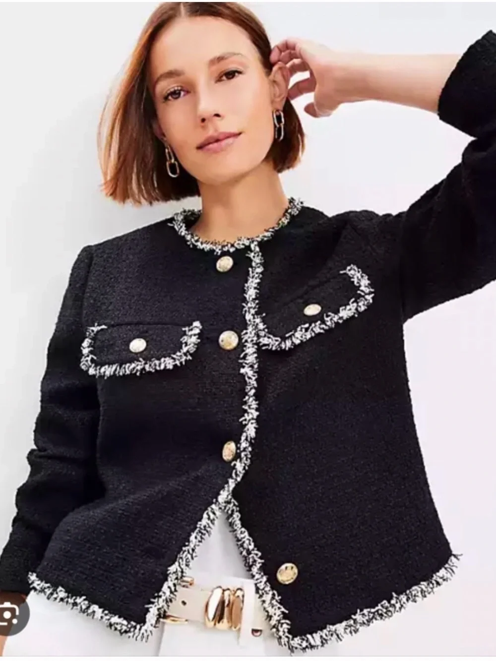 LOFT Tweed Jacket Women’s Large Black Textured Cropped Contrast Fringe Trim